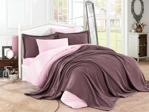 Постельное белье с покрывалом Hobby Home Collection NATURAL хлопковый поплин тёмно-розовый 1,5 спальный, фото, фотография