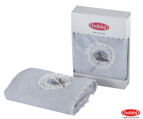 Полотенце для ванной в подарочной упаковке Hobby Home Collection ROMANTIC хлопковая махра светло-серый 50х90, фото, фотография