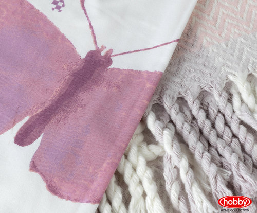 Постельное белье со вязаным пледом-покрывалом Hobby Home Collection SUENO хлопковый поплин лиловый евро, фото, фотография