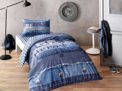 Комплект подросткового постельного белья TAC ENJOY хлопковый ранфорс синий 1,5 спальный, фото, фотография