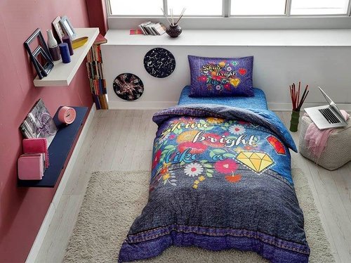 Комплект подросткового постельного белья TAC SHINE хлопковый ранфорс синий 1,5 спальный, фото, фотография