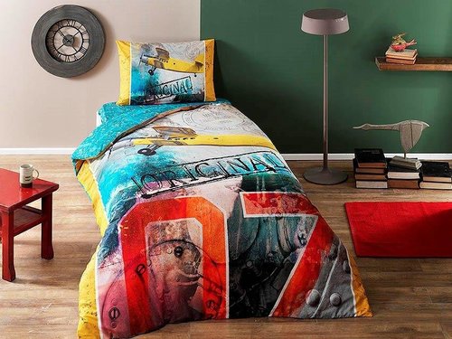 Комплект подросткового постельного белья TAC PLANE хлопковый ранфорс зелёный 1,5 спальный, фото, фотография