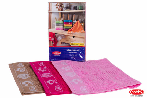 Набор полотенец кухонных 30х50 3 шт. Hobby Home Collection MEYVE BAHCESI хлопковая махра фуксия+розовый+коричневый, фото, фотография