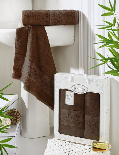 Набор полотенец банных в подарочной упаковке 50х90, 70х140 Karna PANDORA махра бамбук тёмно-коричневый, фото, фотография
