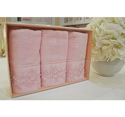 Набор полотенец для ванной в подарочной упаковке 30х50 3 шт. Soft Cotton MASAL бамбуково-хлопковая махра персиковый, фото, фотография