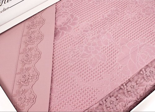 Постельное белье с вафельной простынью-покрывалом для укрывания пике Gelin Home NESLISAH ILKBAHAR хлопковый сатин deluxe грязно-розовый евро, фото, фотография