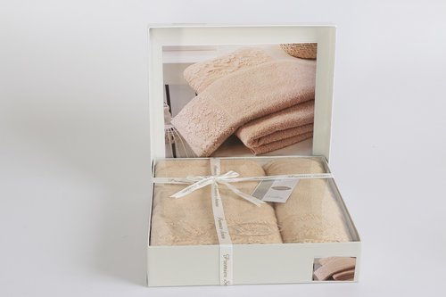 Подарочный набор полотенец для ванной 50х90, 70х140 Karna ELINDA хлопковая махра бежевый, фото, фотография