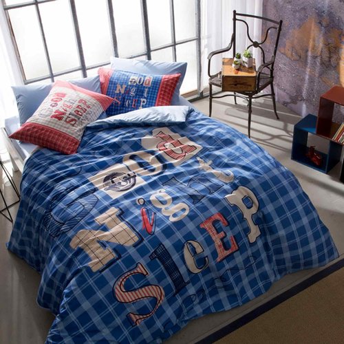 Комплект подросткового постельного белья TAC GOOD NIGHT хлопковый ранфорс голубой 1,5 спальный, фото, фотография