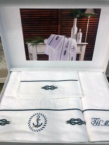 Подарочный набор полотенец для ванной 3 пр. Tivolyo Home ANCORA хлопковая махра белый, фото, фотография
