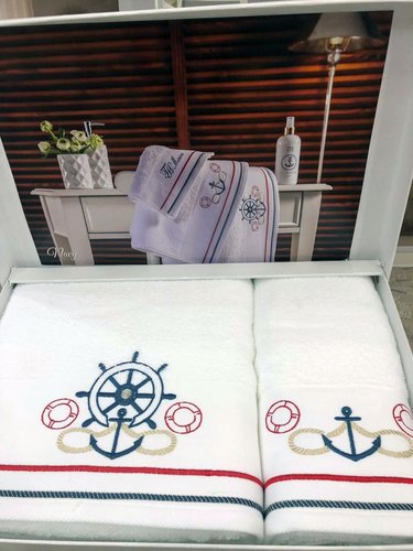 Подарочный набор полотенец для ванной 2 пр. Tivolyo Home NAVY хлопковая махра белый, фото, фотография