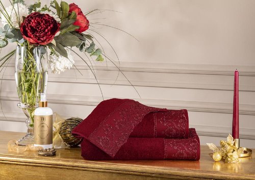 Подарочный набор полотенец для ванной 3 пр. Tivolyo Home SERENA хлопковая махра бордовый, фото, фотография