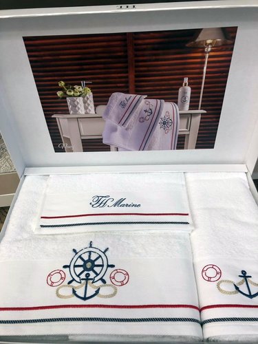 Подарочный набор полотенец для ванной 3 пр. + спрей Tivolyo Home NAVY хлопковая махра белый, фото, фотография