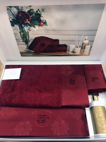 Подарочный набор полотенец для ванной 3 пр. + спрей Tivolyo Home VIOLETTA хлопковая махра бордовый, фото, фотография