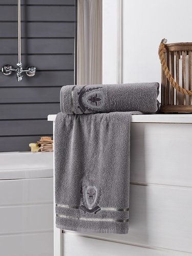 Подарочный набор полотенец для ванной 2 пр. Karna PATARA хлопковая махра серый, фото, фотография