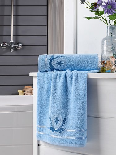 Подарочный набор полотенец для ванной 2 пр. Karna PATARA хлопковая махра голубой, фото, фотография