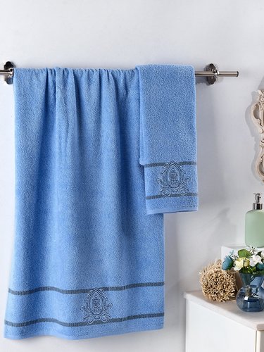 Подарочный набор полотенец для ванной 2 пр. Karna DAVIN хлопковая махра голубой, фото, фотография