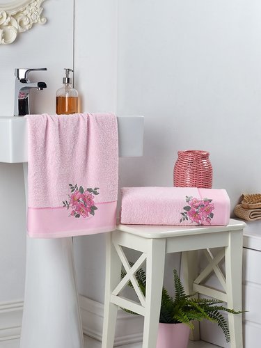 Подарочный набор полотенец для ванной 2 пр. Karna FLORYA хлопковая махра розовый, фото, фотография