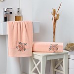 Подарочный набор полотенец для ванной 2 пр. Karna FLORYA хлопковая махра абрикосовый, фото, фотография