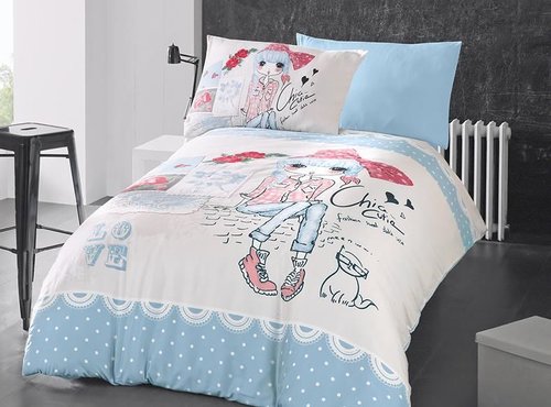 Комплект подросткового постельного белья First Choice CLARICA хлопковый ранфорс голубой 1,5 спальный, фото, фотография