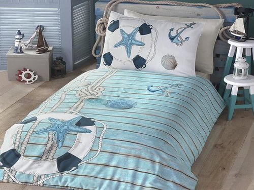 Комплект подросткового постельного белья First Choice SEA хлопковый ранфорс бирюзовый 1,5 спальный, фото, фотография