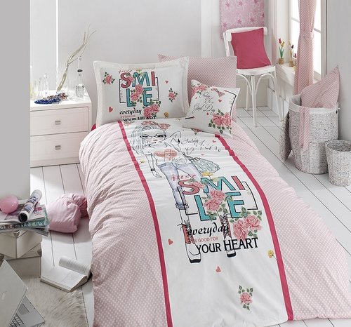 Комплект подросткового постельного белья First Choice SMILE хлопковый ранфорс делюкс розовый 1,5 спальный, фото, фотография