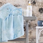 Подарочный набор полотенец для ванной 3 пр. + спрей Tivolyo Home MIRAGE хлопковая махра синий, фото, фотография