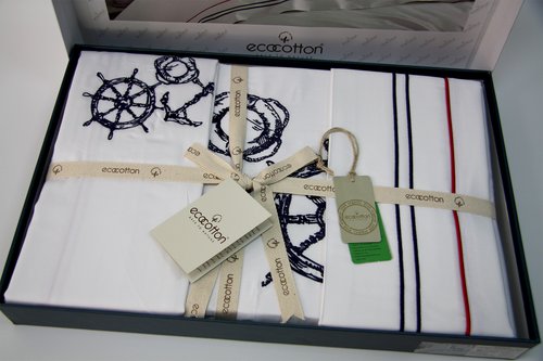 Постельное белье Ecocotton RUDDER органический хлопковый сатин делюкс белый+синий евро, фото, фотография