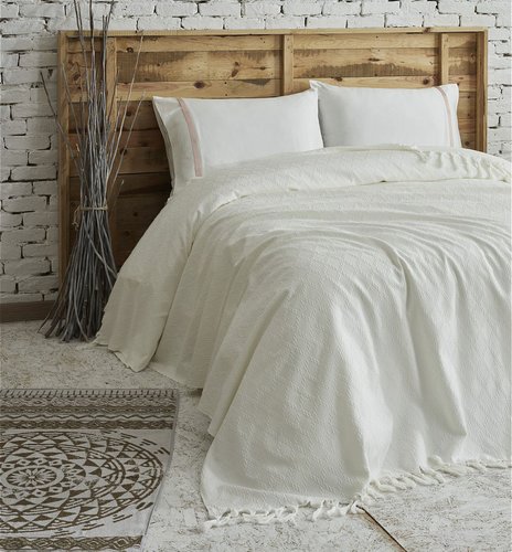 Постельное белье с покрывалом пике для укрывания Ecocotton BALERA органический хлопок кремовый евро, фото, фотография