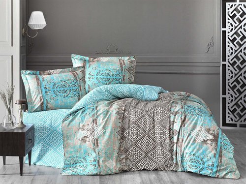 Постельное белье Altinbasak NEON CADRADO хлопковый ранфорс бирюзовый 1,5 спальный, фото, фотография