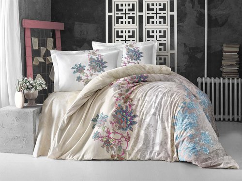 Постельное белье Altinbasak NEON ESMERALDA хлопковый ранфорс кремовый евро, фото, фотография