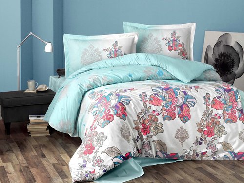 Постельное белье Altinbasak NEON ESTEFAN хлопковый ранфорс голубой евро, фото, фотография