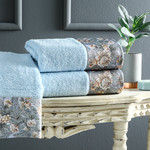 Подарочный набор полотенец для ванной 3 пр. + спрей Tivolyo Home ANIKA хлопковая махра голубой, фото, фотография