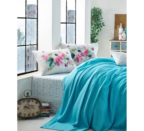 Постельное белье с покрывалом-пике Cotton Box GARDEN JASMINA хлопковый ранфорс бирюзовый 1,5 спальный, фото, фотография