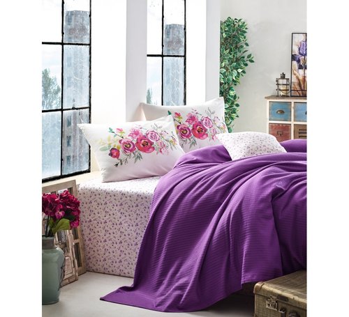 Постельное белье с покрывалом-пике Cotton Box GARDEN VIOLA хлопковый ранфорс фиолетовый 1,5 спальный, фото, фотография