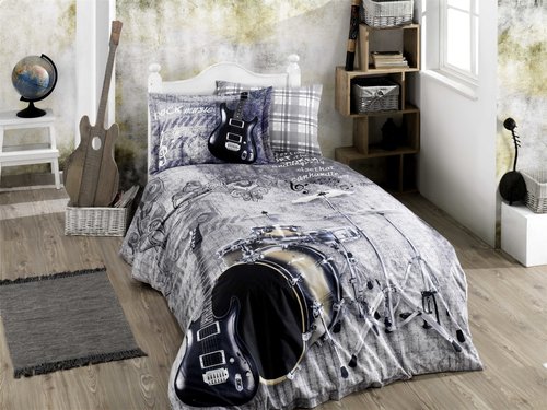 Детское подростковое постельне белье Hobby Home Collection ROCK MUSIC хлопковый поплин серый 1,5 спальный, фото, фотография