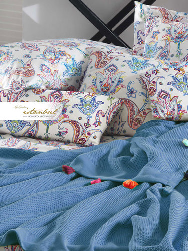Постельное белье с покрывалом-пике Istanbul Home Collection UP STYLE хлопковый ранфорс синий евро, фото, фотография