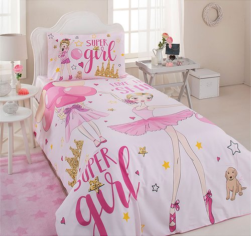 Детское постельное белье Ozdilek RANFORCE SUPER GIRL хлопковый ранфорс розовый 1,5 спальный, фото, фотография