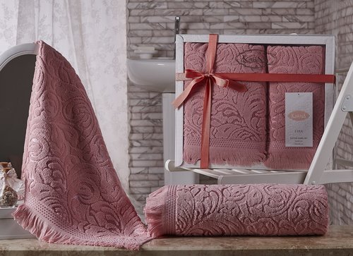Подарочный набор полотенец для ванной 50х90, 70х140 Karna ESRA хлопковая махра розовый, фото, фотография