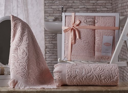 Подарочный набор полотенец для ванной 50х90, 70х140 Karna ESRA хлопковая махра абрикосовый, фото, фотография