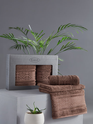 Подарочный набор полотенец для ванной 50х90, 70х140 Karna ARMOND махра бамбук/хлопок коричневый, фото, фотография