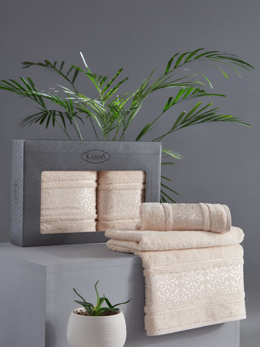 Подарочный набор полотенец для ванной 50х90, 70х140 Karna ARMOND махра бамбук/хлопок бежевый, фото, фотография