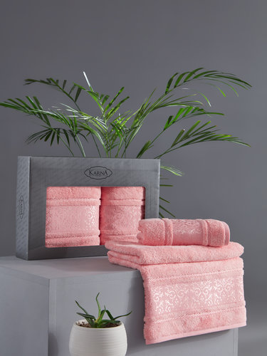 Подарочный набор полотенец для ванной 50х90, 70х140 Karna ARMOND махра бамбук/хлопок коралловый, фото, фотография