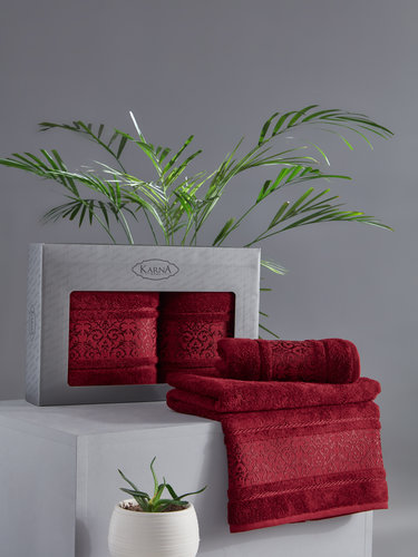 Подарочный набор полотенец для ванной 50х90, 70х140 Karna ARMOND махра бамбук/хлопок бордовый, фото, фотография
