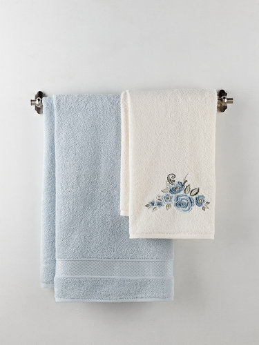 Подарочный набор полотенец для ванной 50х90, 70х140 Karna ELVIN хлопковая махра светло-голубой, фото, фотография