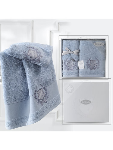 Подарочный набор полотенец для ванной 50х90, 70х140 Karna DAVIS хлопковая махра голубой, фото, фотография