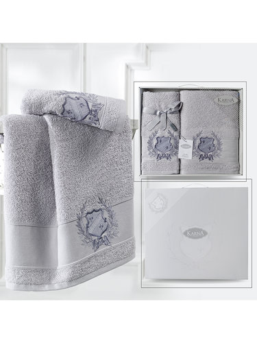 Подарочный набор полотенец для ванной 50х90, 70х140 Karna DAVIS хлопковая махра серый, фото, фотография