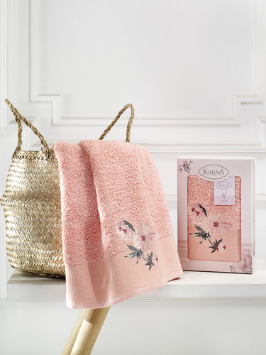 Полотенце для ванной в подарочной упаковке Karna VALDI хлопковая махра абрикосовый 50х90, фото, фотография