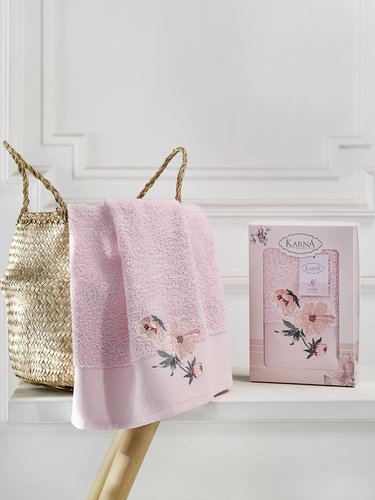 Полотенце для ванной в подарочной упаковке Karna VALDI хлопковая махра розовый 50х90, фото, фотография