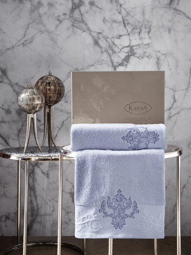 Подарочный набор полотенец для ванной 50х90, 70х140 Karna AROV хлопковая махра светло-голубой, фото, фотография