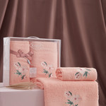 Подарочный набор полотенец для ванной 50х90, 70х140 Karna VALDI хлопковая махра абрикосовый, фото, фотография